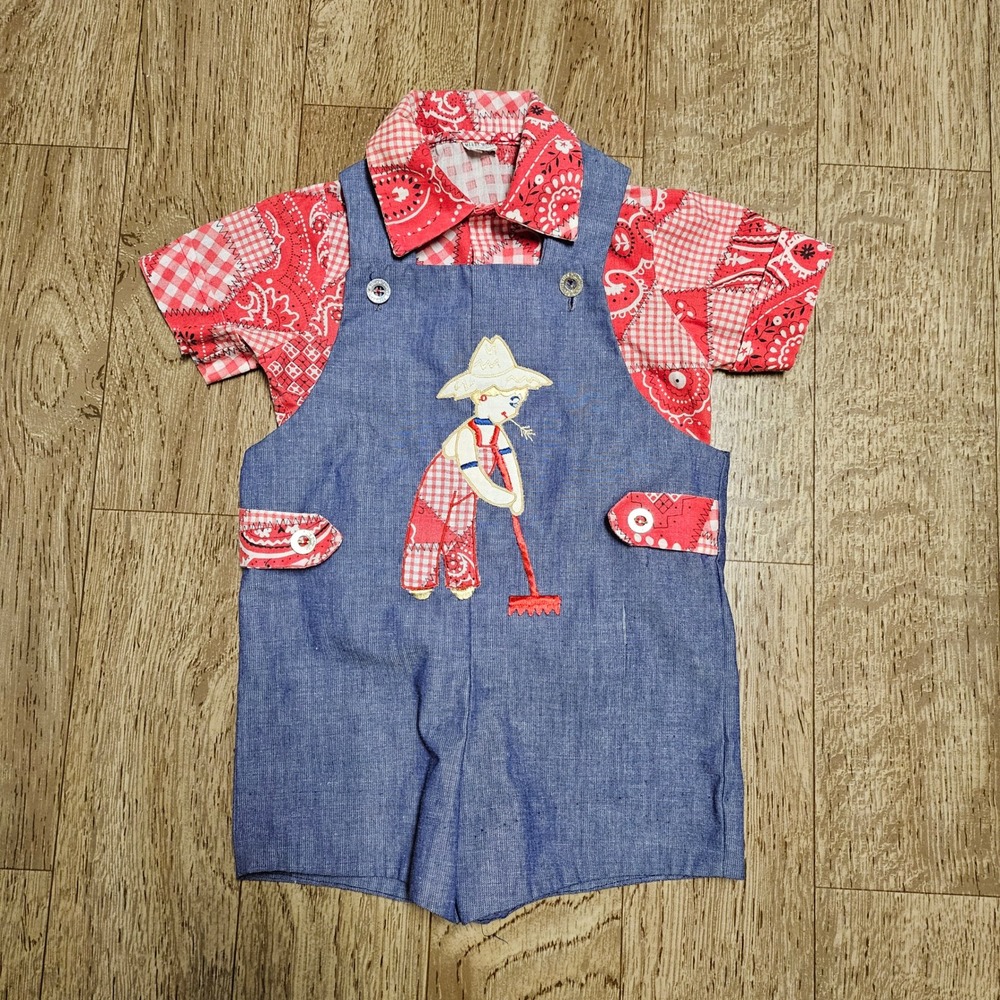 Vtg 70s Merry Mites Overalls & Bandana Shirt Set 9M‎ Embroidered Farmer Barnyard